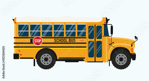 A classic bright yellow school bus with a red stop sign extended is parked against a plain light blue background.