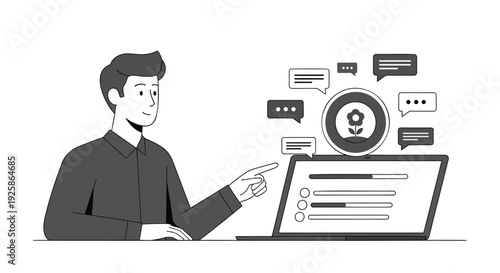 Man interacting with laptop and social media icons