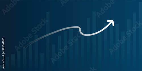 Abstract illustration of a white wavy arrow pointing upwards over a blue background with subtle bar chart graphics, symbolizing growth and positive trend.