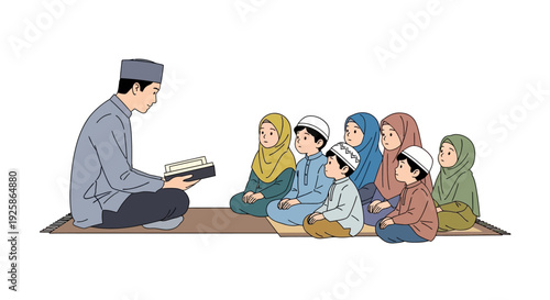 A Muslim man reads the Quran to a group of Muslim children sitting on a mat in a colorful, educational setting with a calm and focused mood.