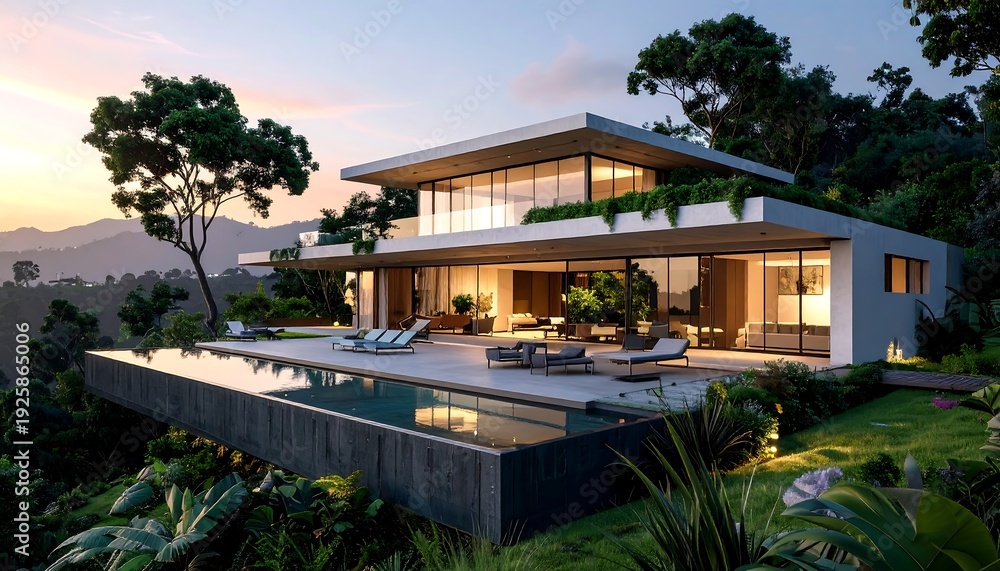 Fototapeta premium A modern house with large windows and a swimming pool