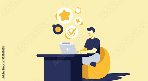 Business productivity icon set, includes laptop, star, checkmark, and target symbols. Created in flat design with yellow, orange, and blue colors.