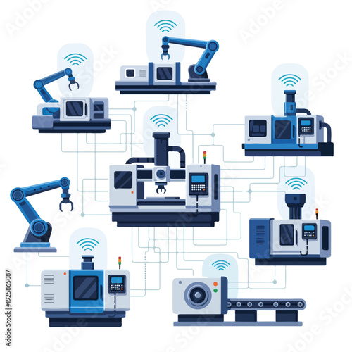 A collection of industrial robots and machines with Wi-Fi symbols, depicted in a cartoon style with blue and white hues, against a clean white background with a complex network of lines.
