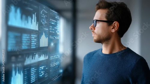 Focused professional uses advanced touchscreen to analyze real time statistics and trends in a high tech office environment. Digital transformation and data driven decision making are highlighted