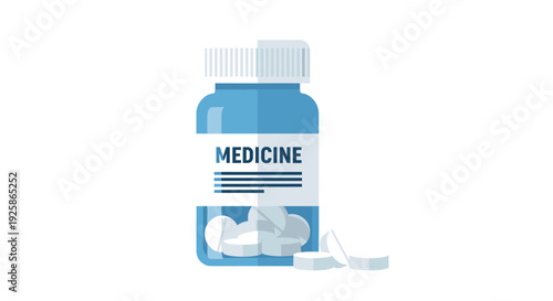 A blue plastic medicine bottle with a white label and scattered white pills on a simple plain white background.