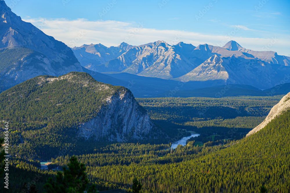 Fototapeta premium View of the Bow Valley as seen from the top of Sulphur Mountain in Banff National Park, Alberta, Canada