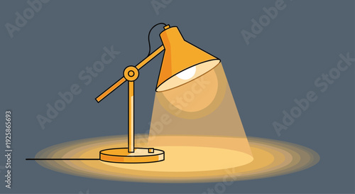 A vibrant orange desk lamp, with its illuminated bulb, projects a warm yellow light onto a circular area on a dark background.