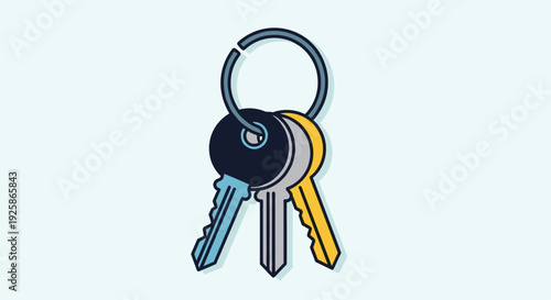 A colorful set of three distinct keys, including blue, gray, and yellow, are securely attached to a shiny metal keyring.