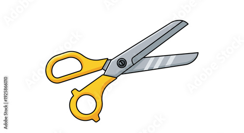 Open yellow-handled scissors featuring stainless steel blades with gray stripes on a plain white background.