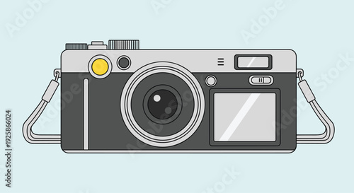 A sleek compact gray digital camera with a smaller lens, a rear display screen, and attached side straps is shown on a light blue background.