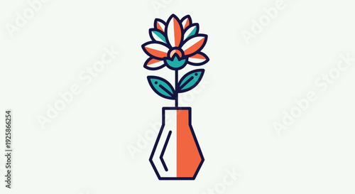 Stylized flower with teal and orange petals and leaves standing upright in a matching geometric vase.