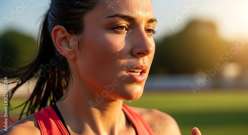 Close-up of a sweaty female runner's face during intense outdoor training session