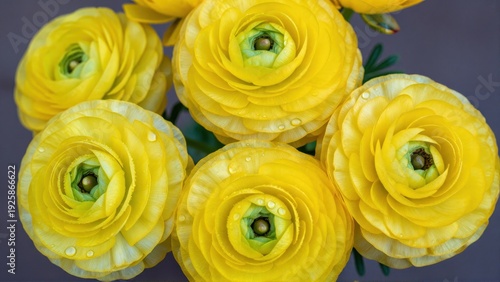 A cluster of brilliant yellow Ranunculus flowers, each petal perfectly detailed and beaded with large, spherical droplets of condensation, fresh morning