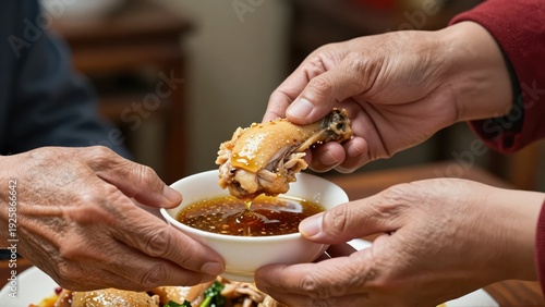 Closeup of two hands, one old and one young, sharing a piece of chicken dipped in a communal sauce, conveying connection and tradition under warm interior