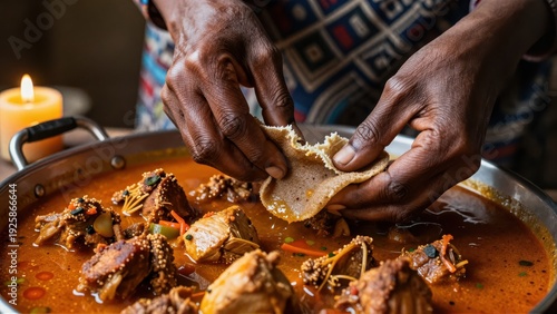 Closeup of elderly Ethiopian woman's hands tearing traditional injera bread next to vibrant Doro Wat chicken stew, dimly lit by beeswax candle.