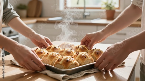 Warm interior of a sunlit Australian kitchen: Four hands reaching for steaming hot cross buns placed on a linen cloth, emphasizing shared human connection