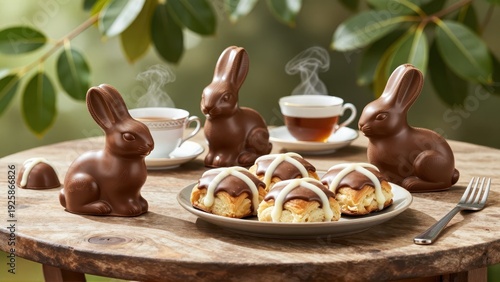 Warm afternoon light filters through gum leaves onto an outdoor timber table laden with chocolate rabbits, iced hot cross buns, and Australian tea