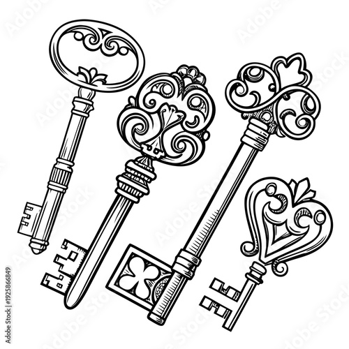 Four intricately designed antique skeleton keys with ornate handles and detailed bits for vintage locksmith illustrations