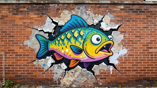 Vibrant, Gritty Street Art Mural of Mischievous Cartoon Fish Leaping from Weathered Brick Wall Cracks with Large Eyes, Urban Graffiti Art Scene