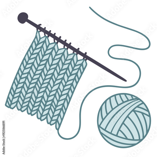 Knitting needle with light blue knitted fabric, ball of yarn, and loose thread illustrating the craft of knitting