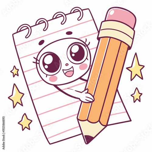 Cute cartoon notebook character emerging from lined paper holding giant yellow and pink eraser pencil for school fun