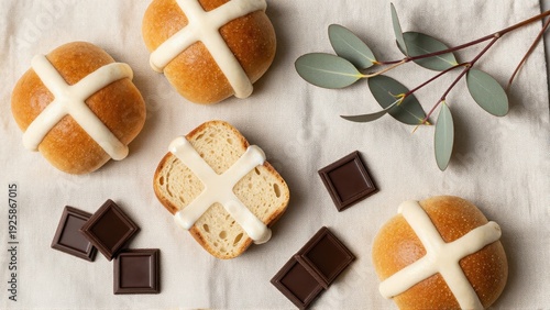 Top-down view of freshly baked hot cross buns with dark chocolate squares and native Australian flora sprig on linen