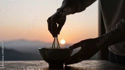Master silhouetted against soft orange horizon, delicately whisking vibrant green matcha tea in a rustic, handthrown ceramic bowl indoors, gentle steam