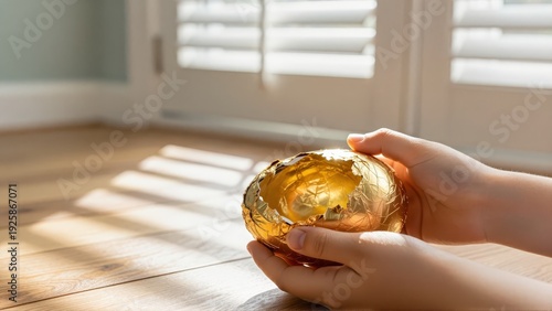 Child peeling bright gold foil from a large Easter chocolate egg, sunlight filtering through plantation shutters onto wooden floorboards.