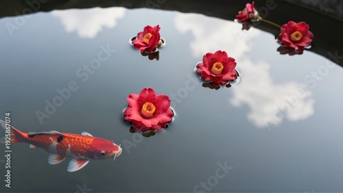 Glassy Koi Pond Surface Perfectly Mirrors Vast Sky, Disturbed by Deep Red Camellia Flowers Resting Gently on Water