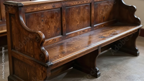 Close-up of the deep grain and smooth patina of an old wooden kneeler, showing wear marks from countless prayers and solemn religious devotion.