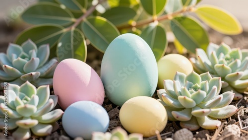 Sunlight filtering through gum leaves illuminates pastel chocolate Easter eggs nestled in native succulent xeriscape garden setting for holiday.