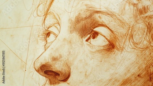 Close-up sepia drawing, male profile, artistic study, geometric background, art education
