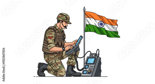 An Indian soldier in camouflage uniform kneels with a device near a radio and Indian flag, conveying patriotism and military operation.