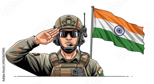 Illustration of an Indian soldier saluting with a helmet and headset, proudly holding the Indian flag, with a uniform and tactical gear, against a clean white background with patriotic and