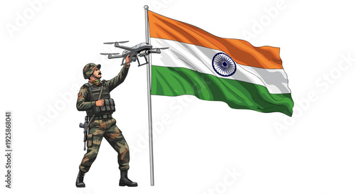 Illustration of an Indian soldier in uniform holding a drone in front of the Indian flag on a white background, conveying patriotism and military operation.
