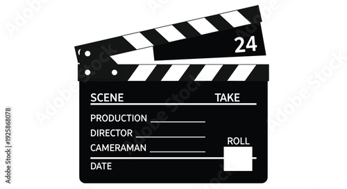 Black movie clapperboard showing 24 with text fields for scene, take, production, director, cameraman, and date.