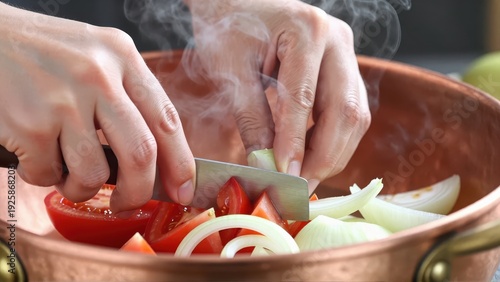 Extreme closeup of hands finely dicing fresh red tomatoes and white onions over a large copper pot, steam gently rising, focus on ingredient freshness and