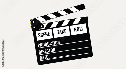 Black movie clapperboard slightly angled with visible fields for scene, take, roll, production, director, and date.