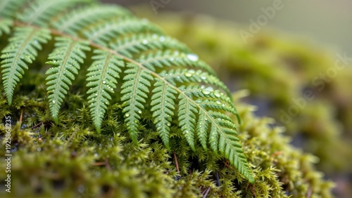 Extreme closeup of a single, perfectly unfurled fern frond touching a dew-covered patch of vibrant green moss, illuminated by diffused morning light.