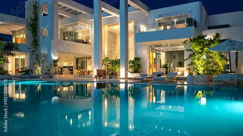 A luxurious residence at night, featuring illuminated architecture, a pool, and vibrant reflections