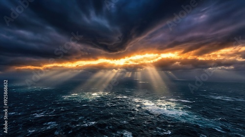 Sun rays piercing through dark clouds over a vast ocean, illustrating the creation of water and sky on the second day of creation.