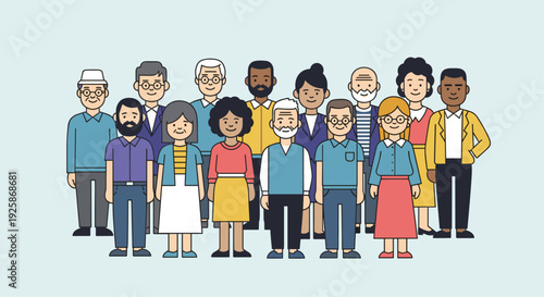 Diverse group of men and women of various ages stand together as a community on a light blue background.