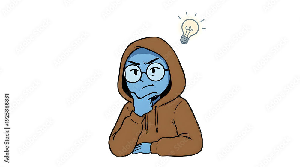 Obraz premium Thoughtful Cartoon Character with Lightbulb Idea.