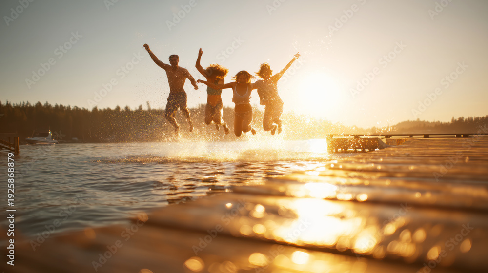 Fototapeta premium Group of happy friends jumping from wooden dock into lake at sunset