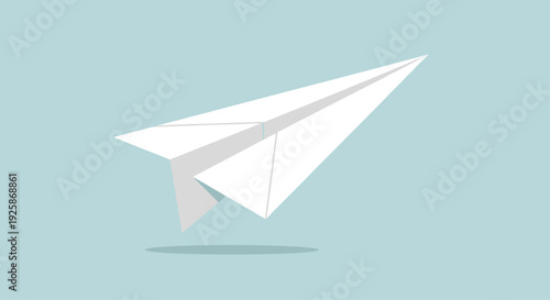 White paper airplane in mid-flight with a subtle shadow floats above a soft blue background.