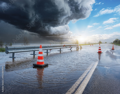 Flooded road with construction barrier and cones during storm and dramatic light