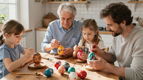 A multigenerational German family carefully painting intricate patterns onto large wooden Easter eggs on a rustic kitchen table, soft morning light