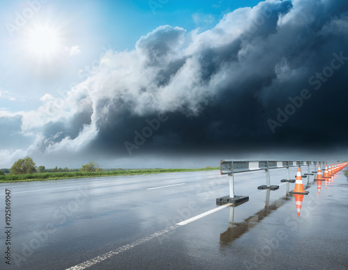 Flooded road with construction barrier and cones during storm and dramatic light
