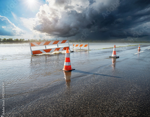 Flooded road with construction barrier and cones during storm and dramatic light