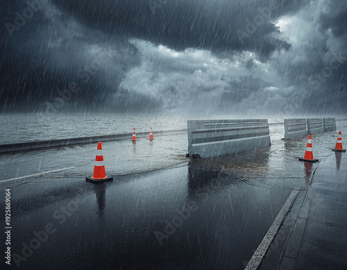 Flooded road with construction barrier and cones during storm and dramatic light